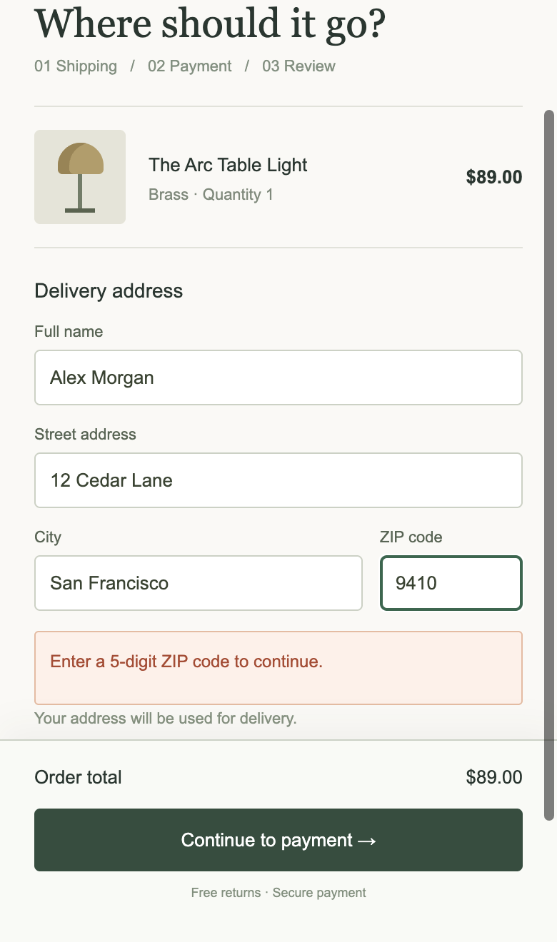 Corrected checkout: the ZIP validation message is visible above the Continue bar.