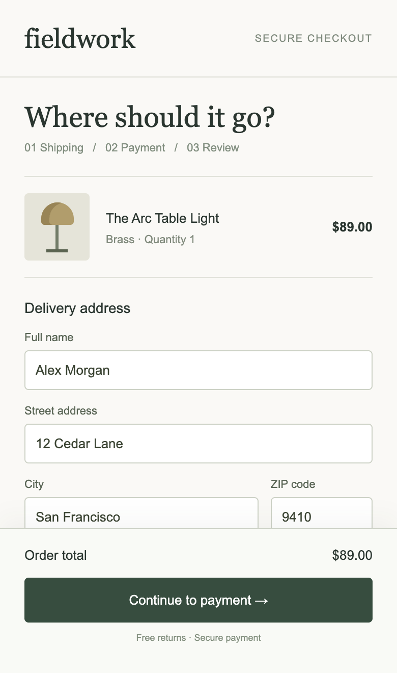 Mobile checkout: the fixed Continue bar covers the ZIP validation message.